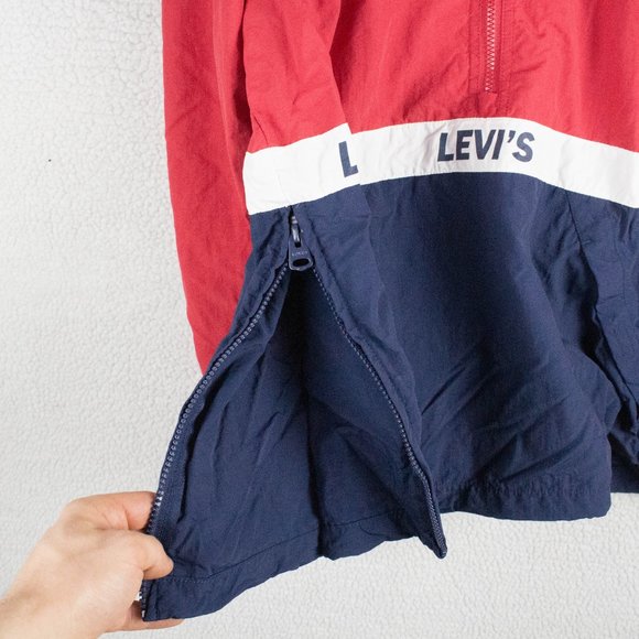Levis Jacket Mens Medium Red Blue Oversized Half Zip Hooded Nylon Retro Striped - Picture 6 of 12